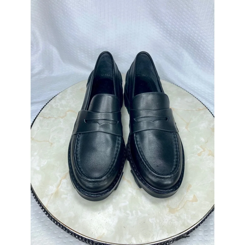 Rag & Bone Corey Chunky Lug Sole Penny Loafers Women 7 Black Leather Comfy Shoes
